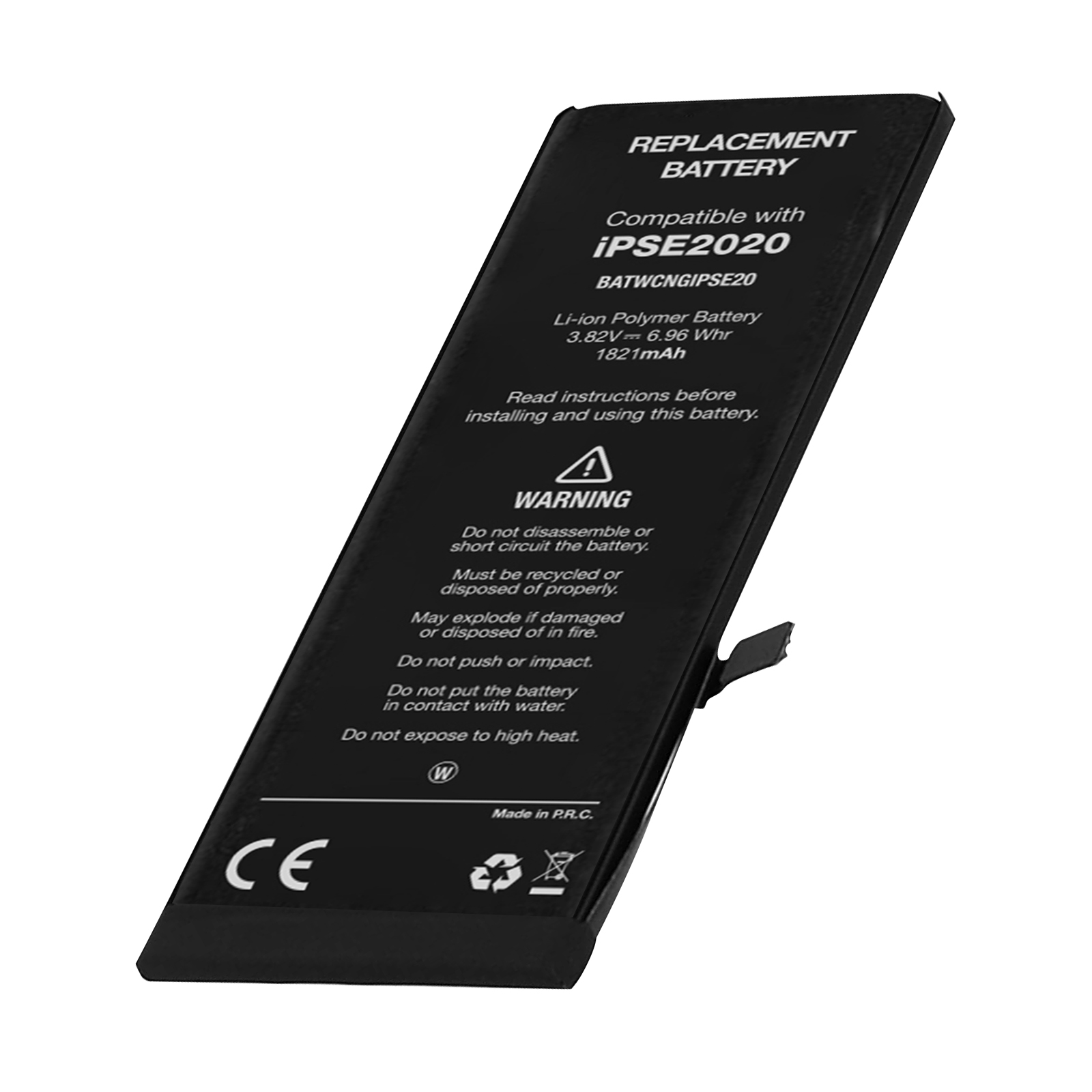 Una batteria di ricambio nera con un'etichetta di avvertenza. La batteria è per iPSE2020. Su sfondo bianco.