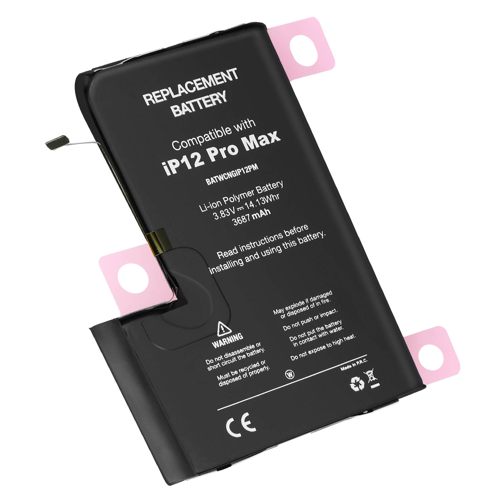 Una batteria di ricambio per iPhone, con etichette di avvertenza e superficie nera.