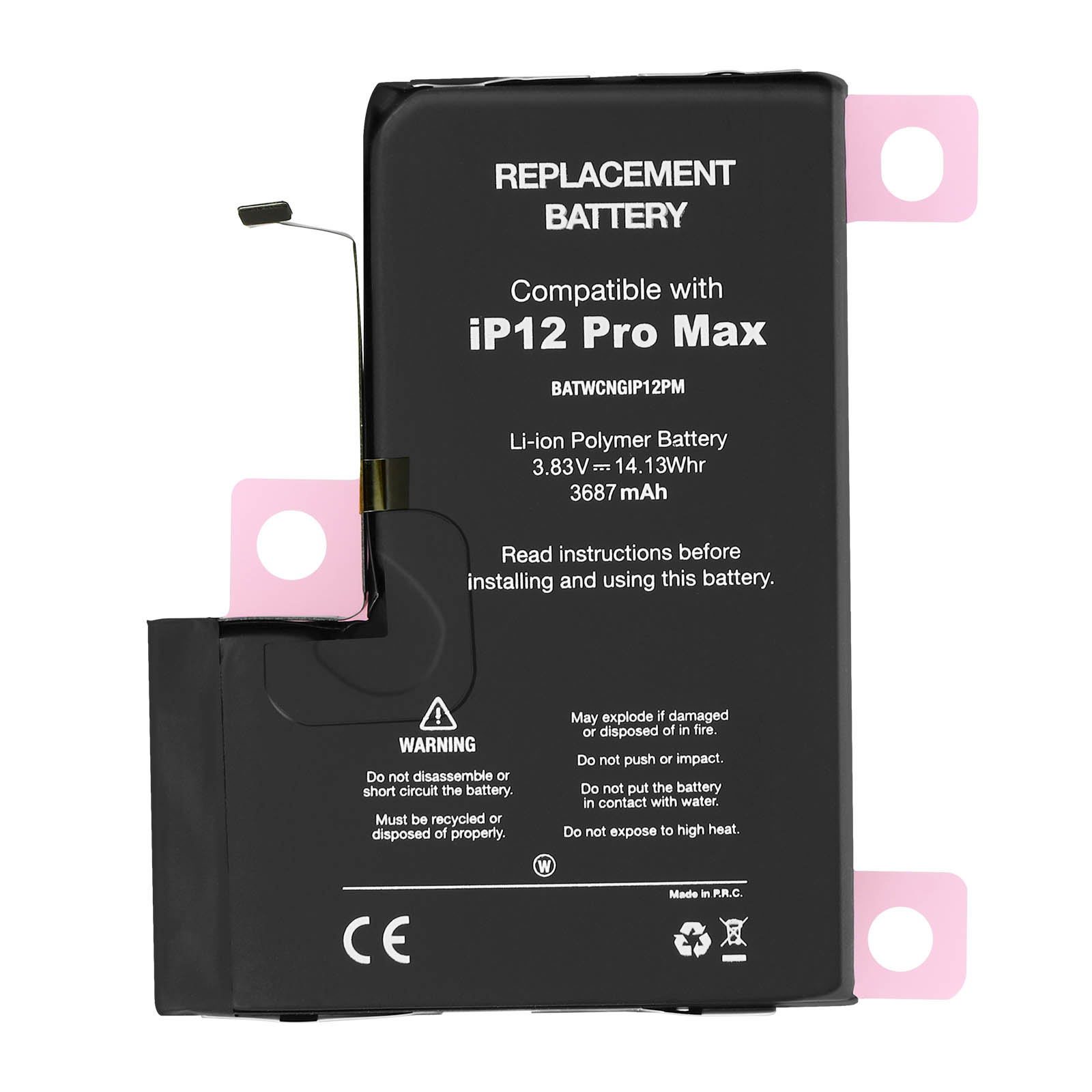 Una batteria di ricambio per un iPhone con testo di avvertimento. La batteria è nera e ha aree di montaggio rosa.