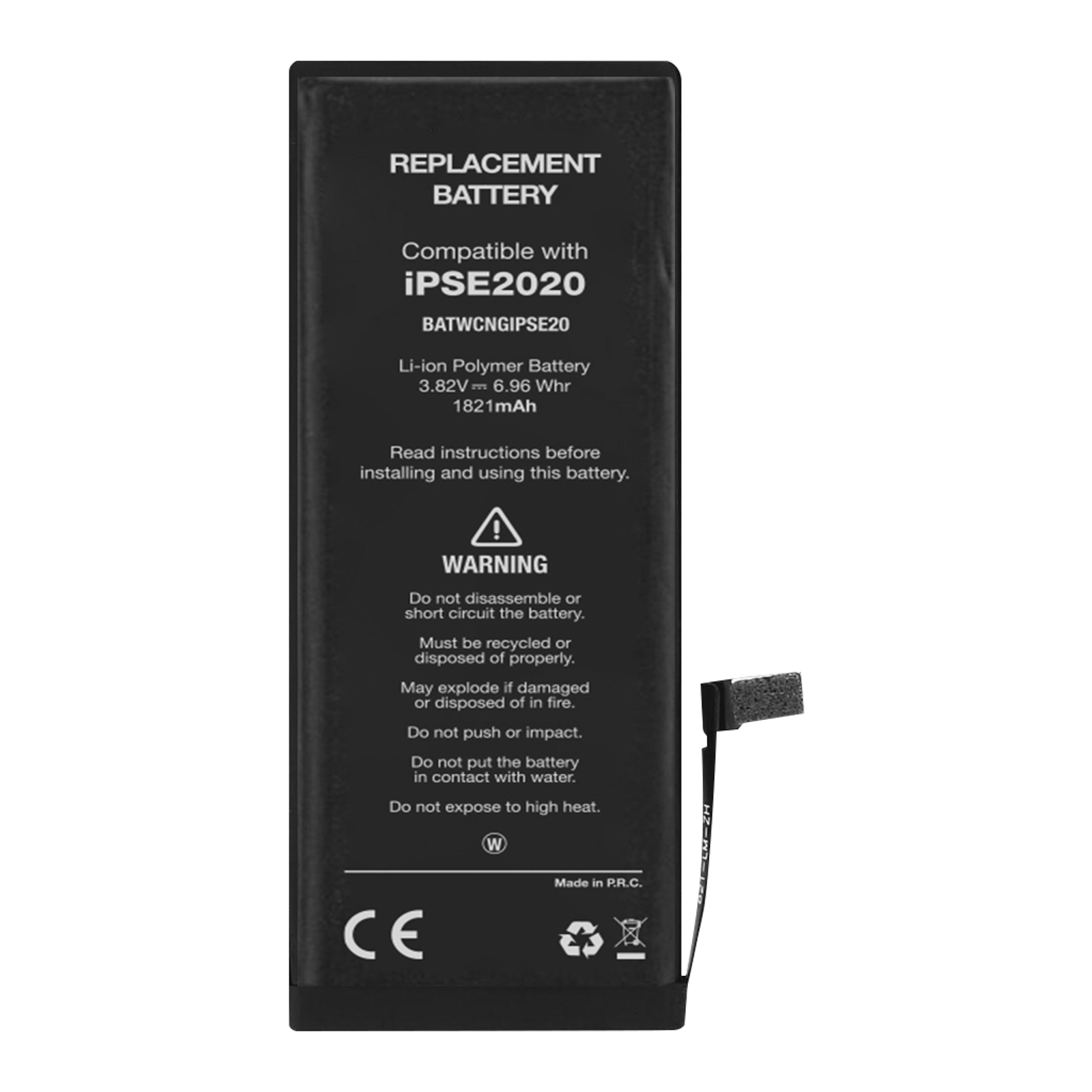 Una batteria del telefono nera con testo e avvertenze. Ha un piccolo connettore collegato.