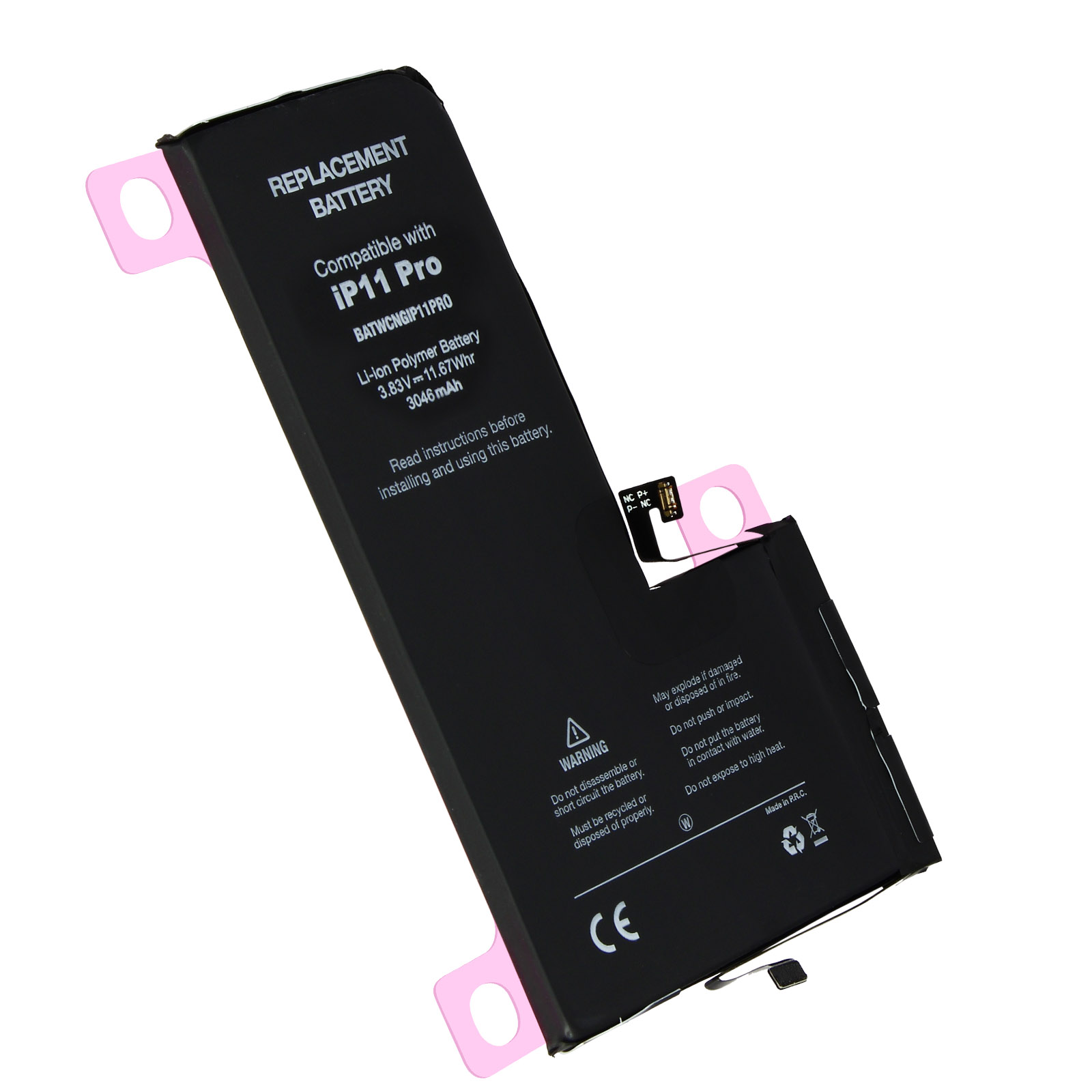 Sostituzione della batteria dell'iPhone nera. Testo su una superficie nera con accenti rosa.