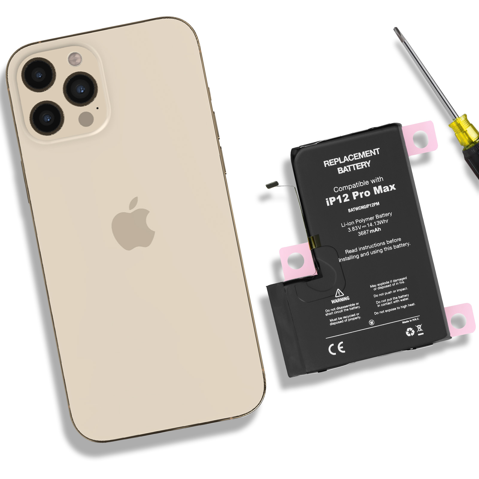 iPhone accanto a una batteria di ricambio e un cacciavite. Il testo dice 'Compatibile con iPhone 12 Pro Max'.
