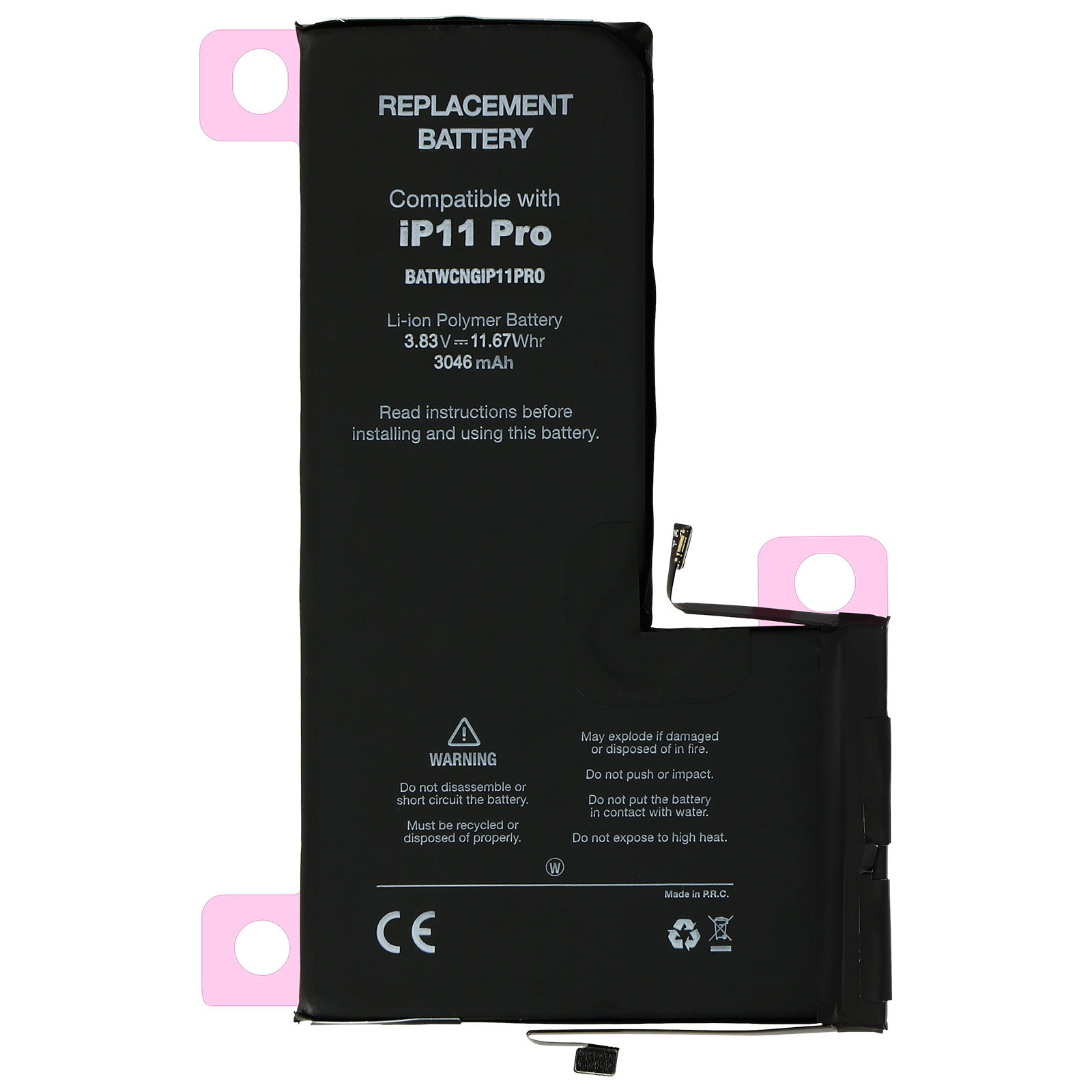 Sostituzione batteria per iPhone. Batteria in bianco e nero con etichette di avvertimento. Adesivi rosa.