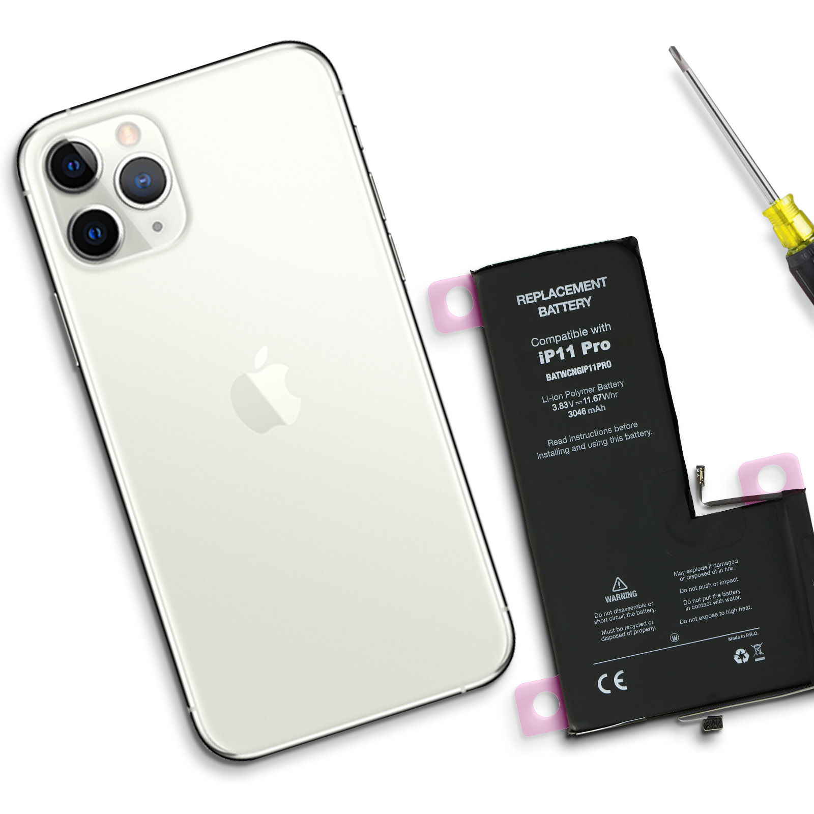 Un iPhone accanto a una batteria di ricambio. È presente anche un cacciavite.