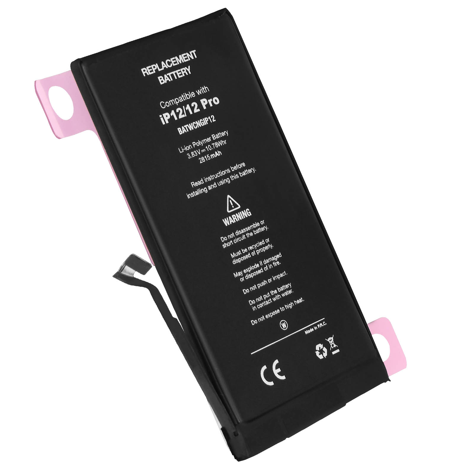 Batteria nera per telefono con strisce adesive rosa. Testo: Batteria di ricambio, Compatibile con iP12/12 Pro. Avvertenza.