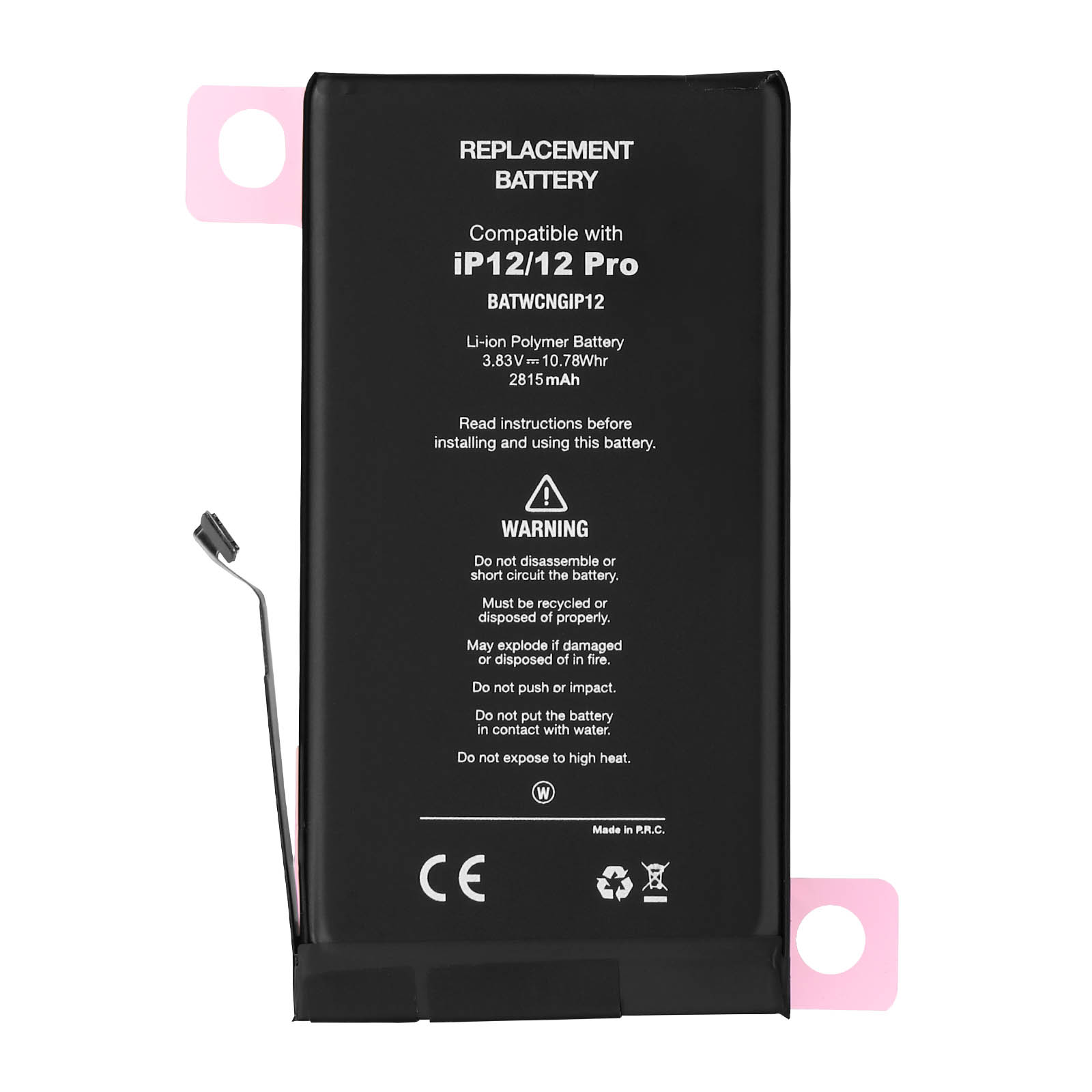Batteria di ricambio per IP12/12 Pro. Contiene avvertenze e specifiche sulla batteria.