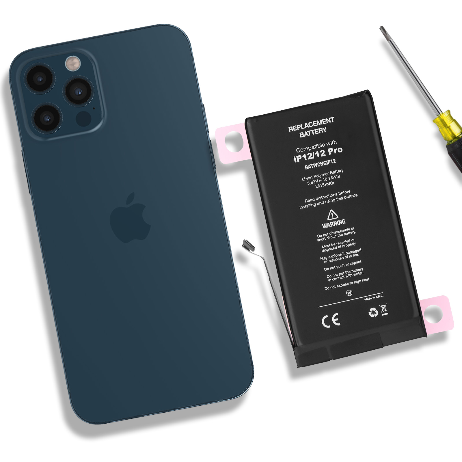 iPhone blu accanto a batteria di ricambio e cacciavite, per la riparazione.