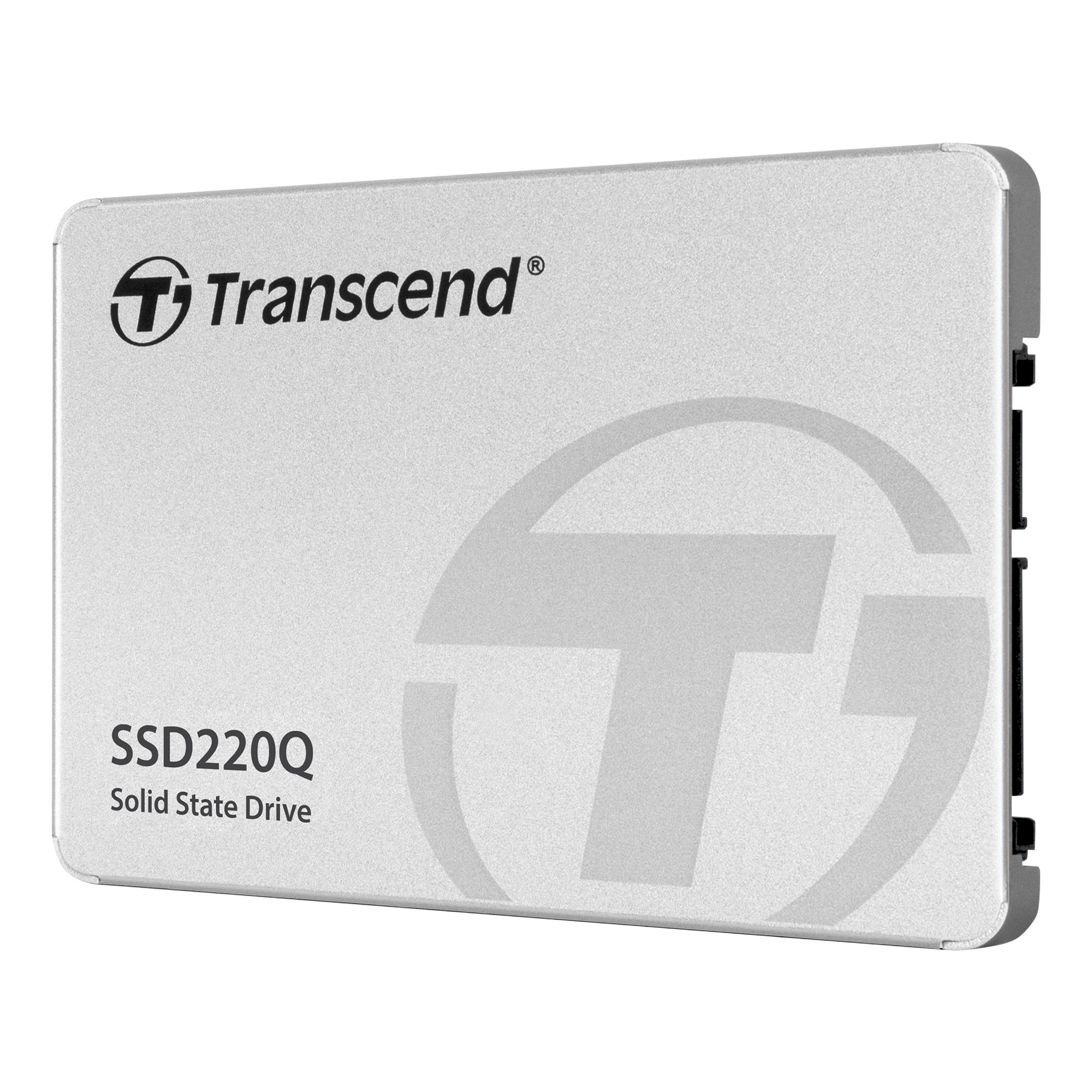 Biały dysk SSD Transcend. Tekst: Transcend SSD220Q Solid State Drive i logo Transcend.