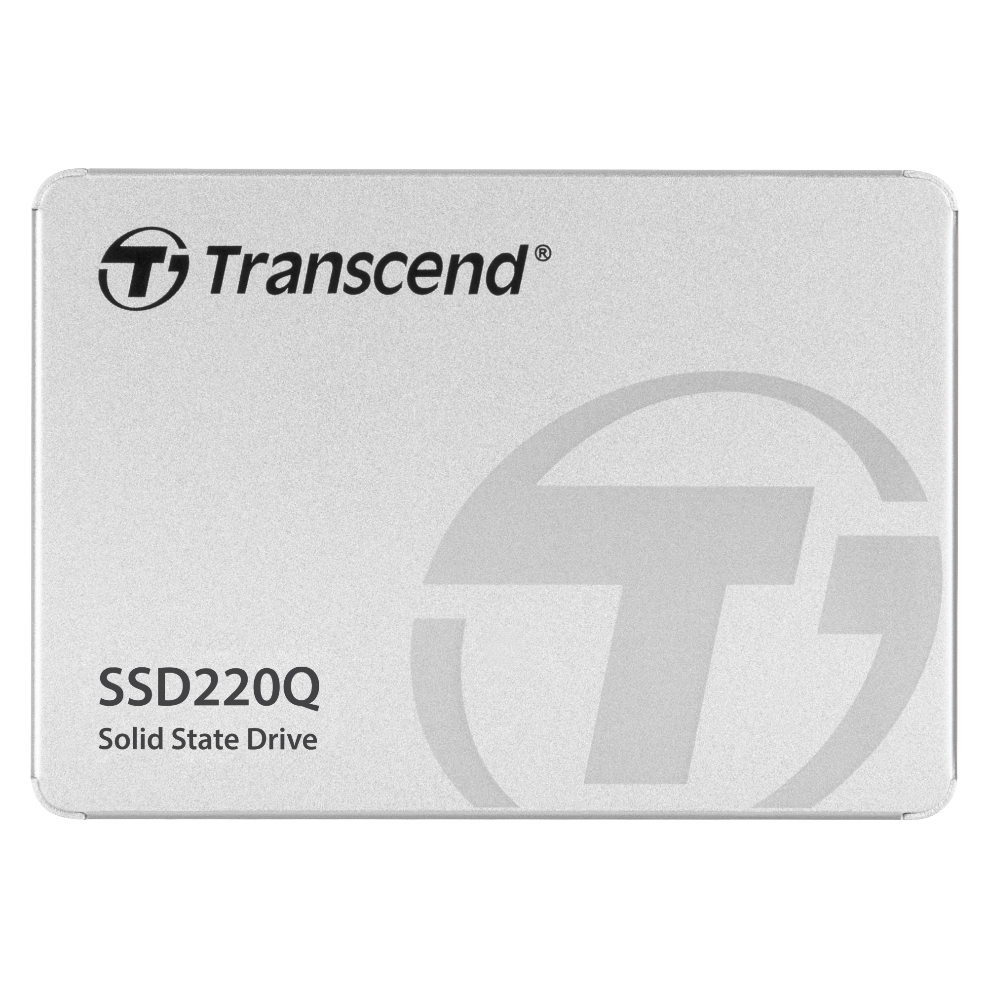 Biały dysk SSD z logo 'Transcend' i tekstem 'SSD220Q'. Szare tło.