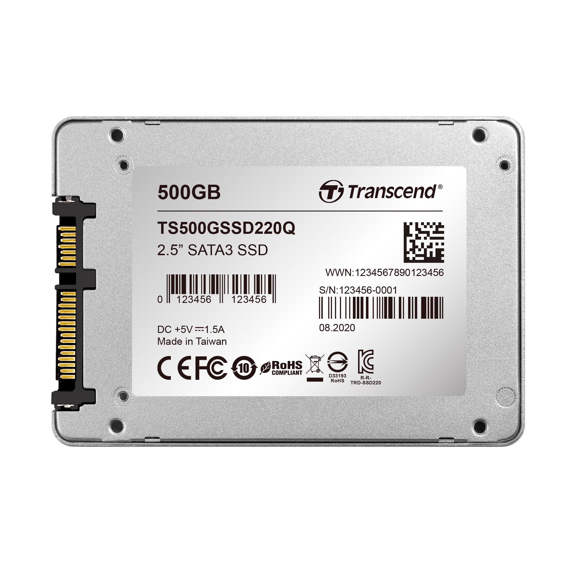 Dysk SSD Transcend 500 GB, srebrna obudowa. Biała etykieta z informacjami o produkcie i kodem QR. Czarne złącze.