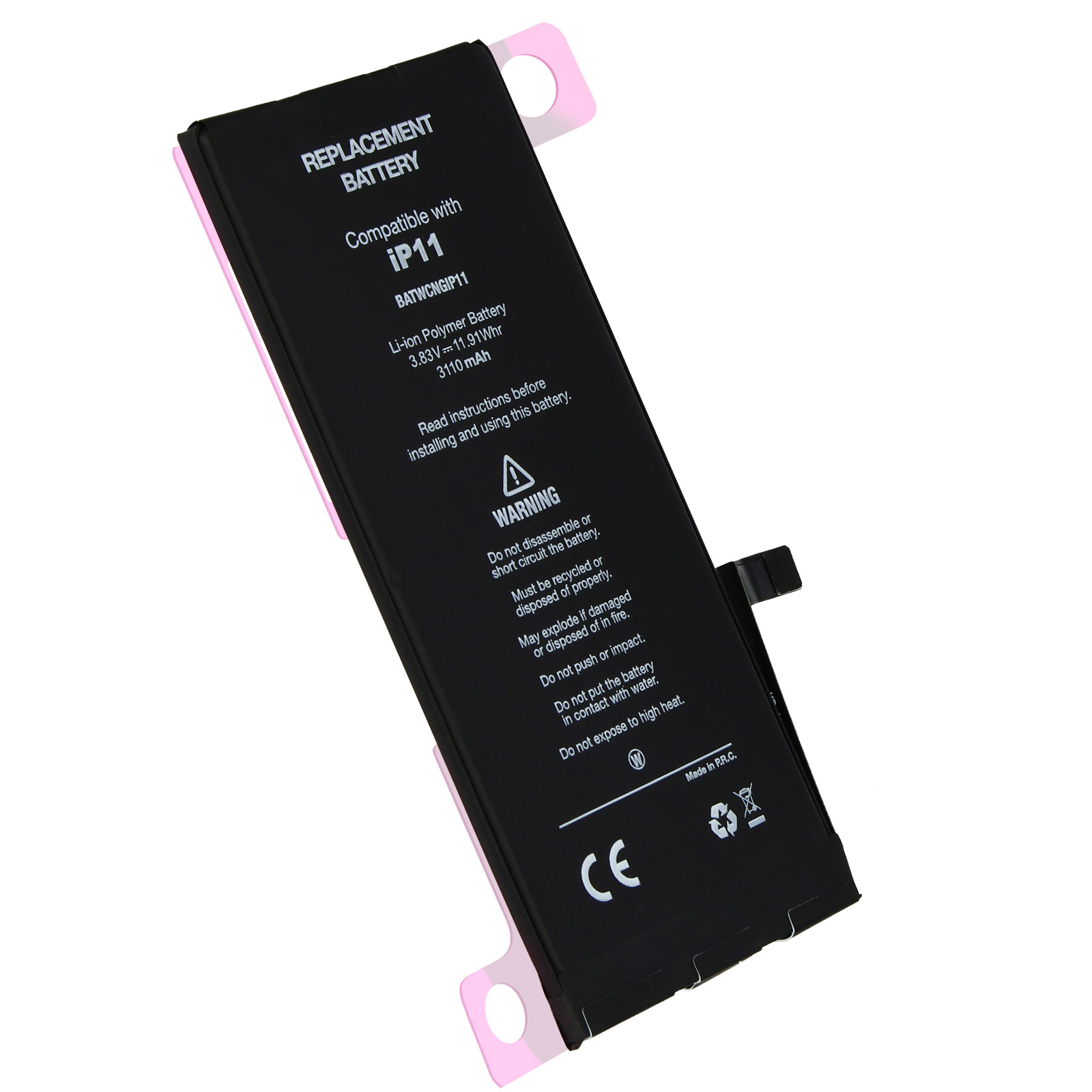 Una batteria di ricambio nera per iPhone 11 con bordi protettivi rosa.