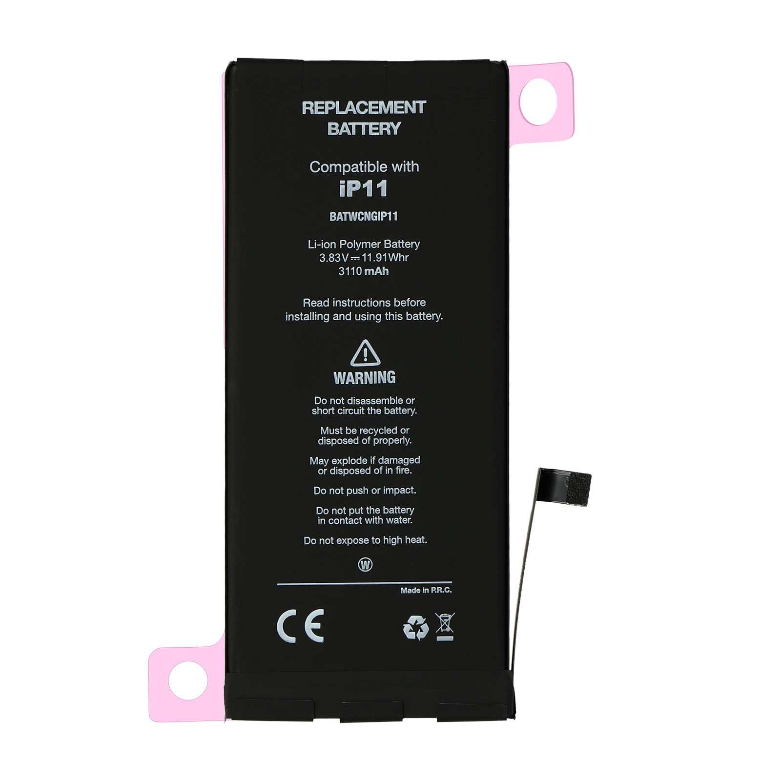 Batteria di ricambio con testo. Il testo dice 'Compatibile con iPhone 11'.