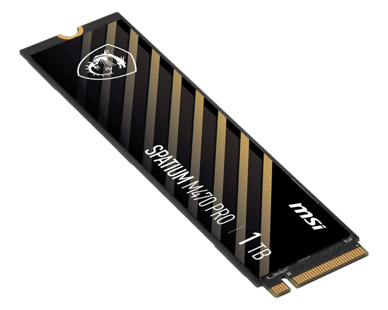 Dysk SSD MSI Spatium M470 Pro. Czarny ze złotymi paskami. Pojemność 1TB. Białe tło.