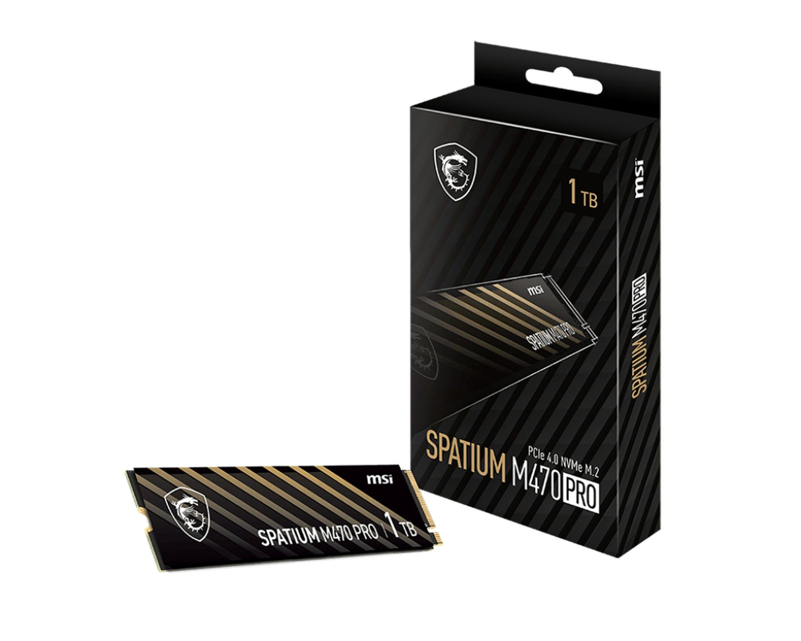 Dysk SSD MSI Spatium M470 PRO w pudełku i sam dysk SSD na białym tle. Pudełko jest czarne.