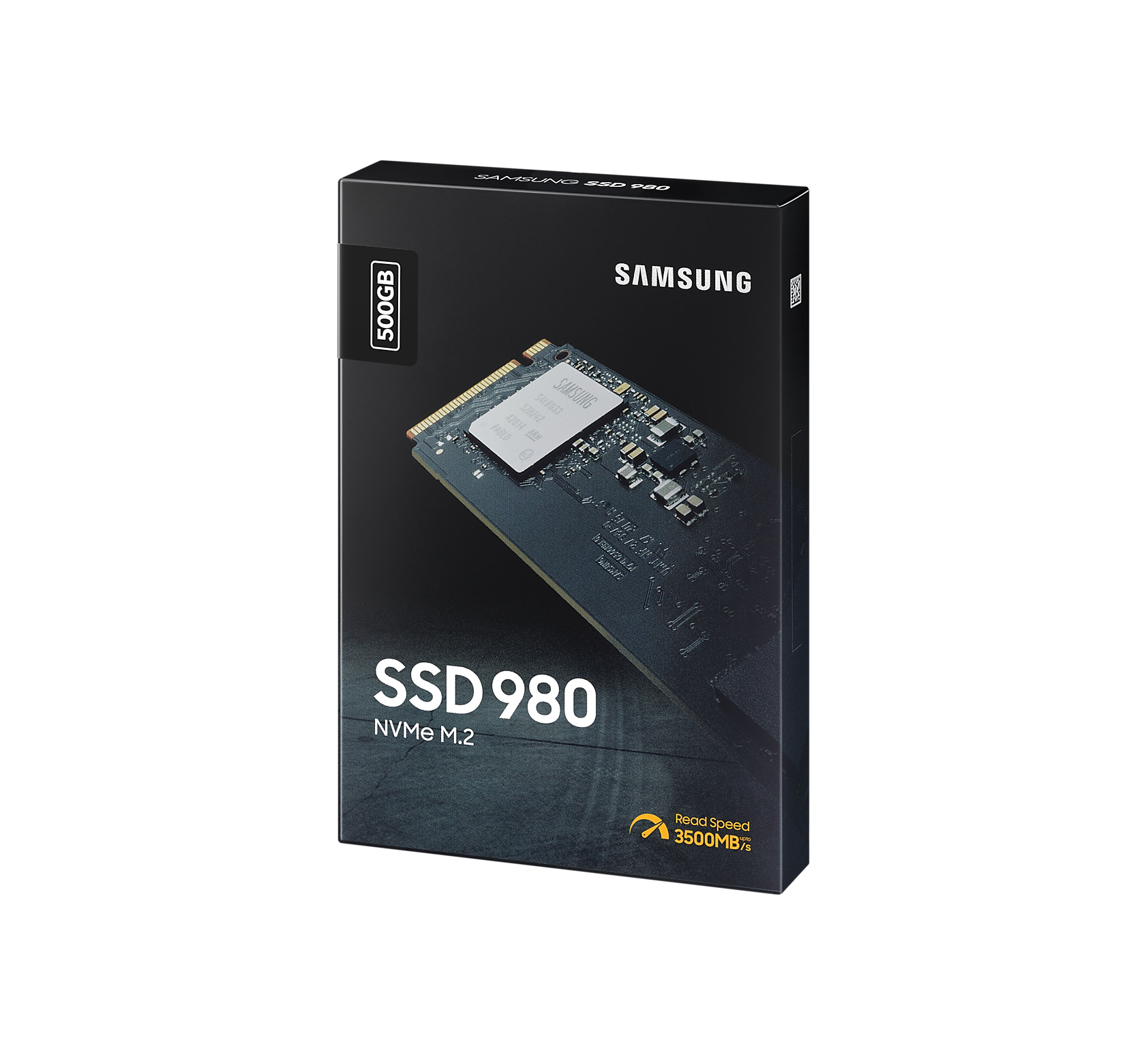 Scatola nera Samsung SSD 980. La scatola ha l'SSD e il logo del marchio sul davanti.