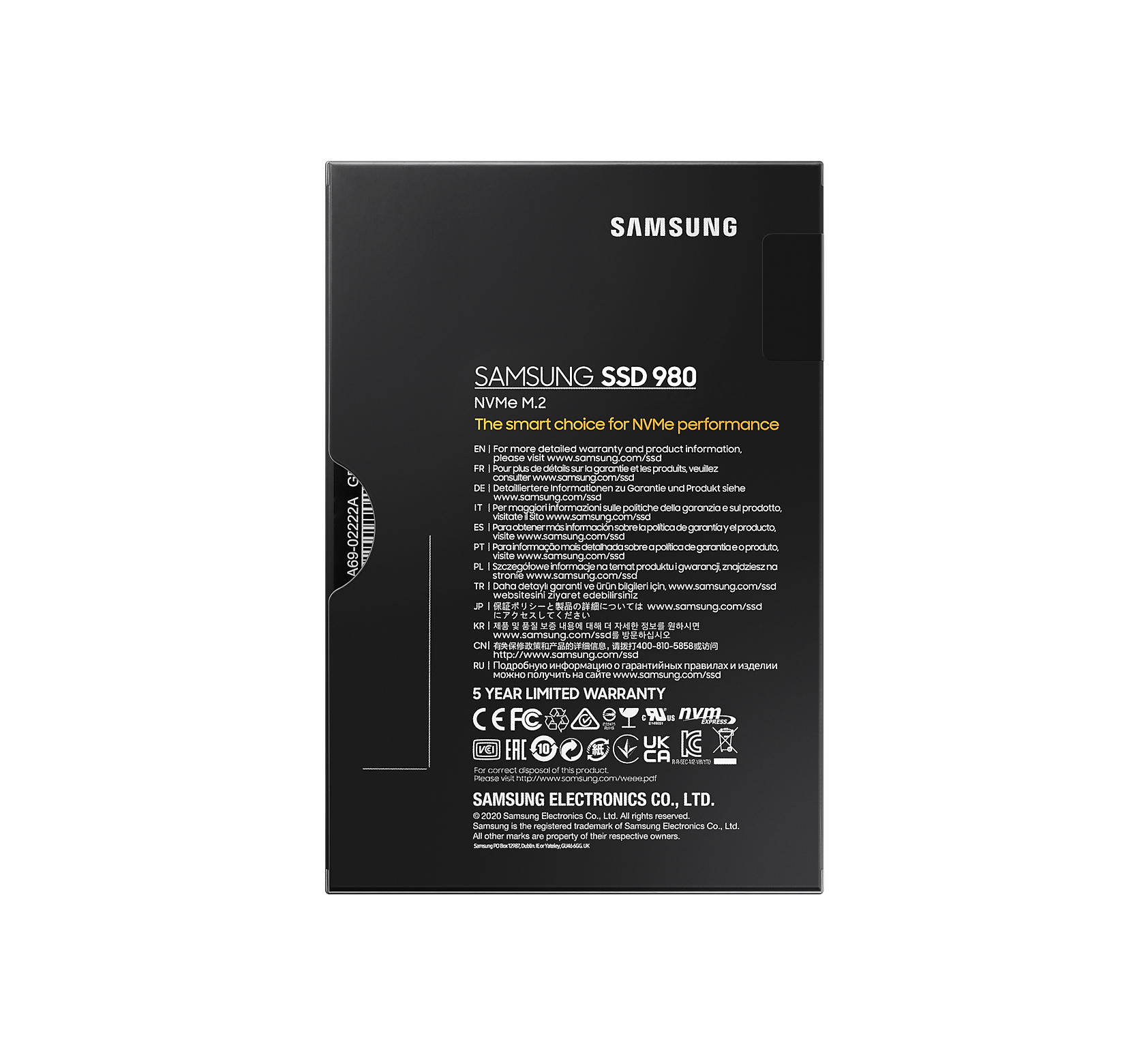 Samsung SSD 980 NVMe M.2 con testo e informazioni sulla garanzia su confezione nera.