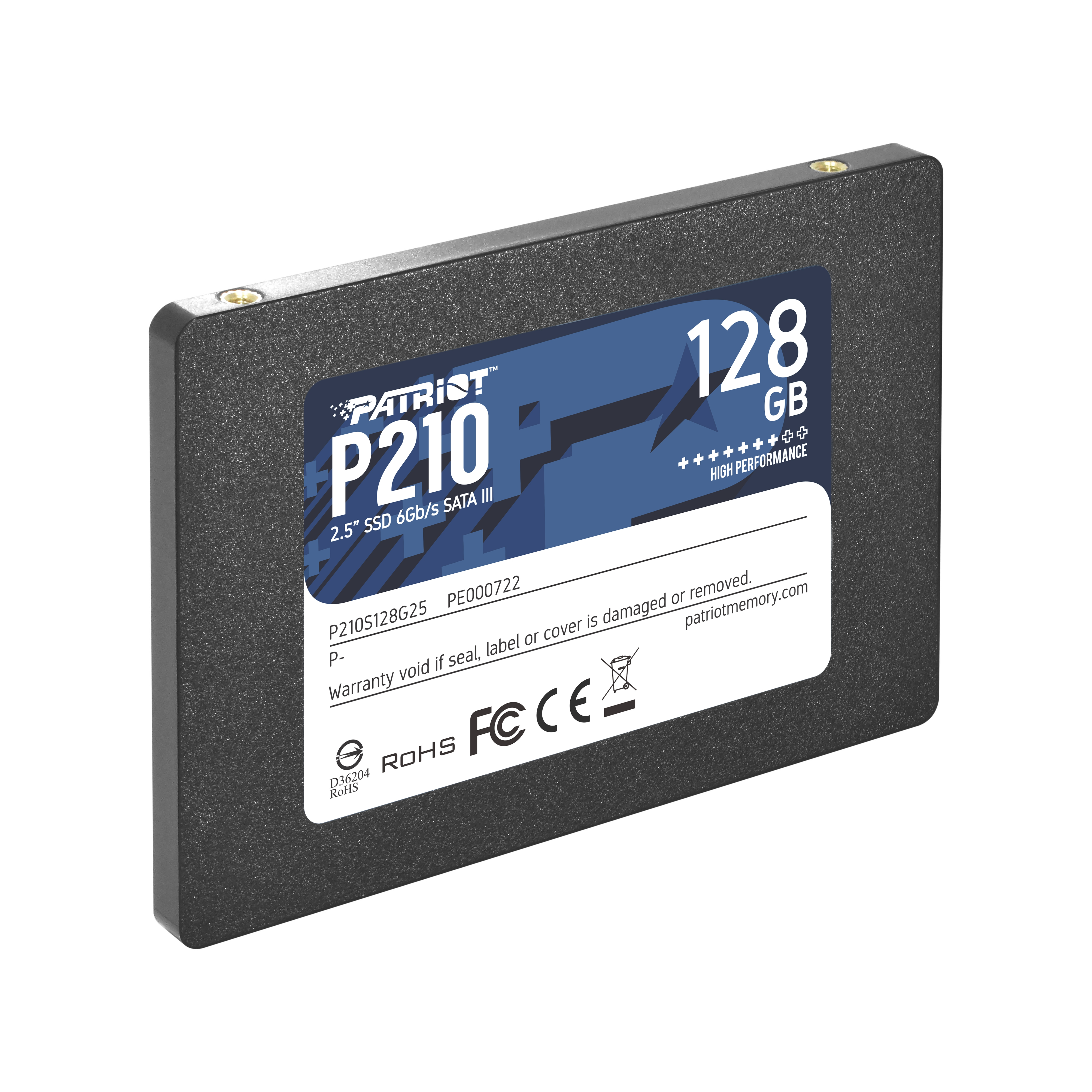 Czarny Patriot P210 SSD, 128GB, z białym tekstem i informacjami o gwarancji.