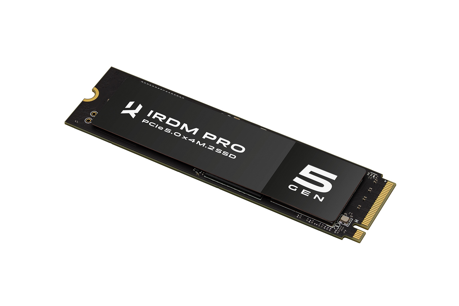 Czarny, długi dysk SSD z tekstem 'IRDM PRO', 'PCIe 5.0' i '5 GEN'. Białe tło.