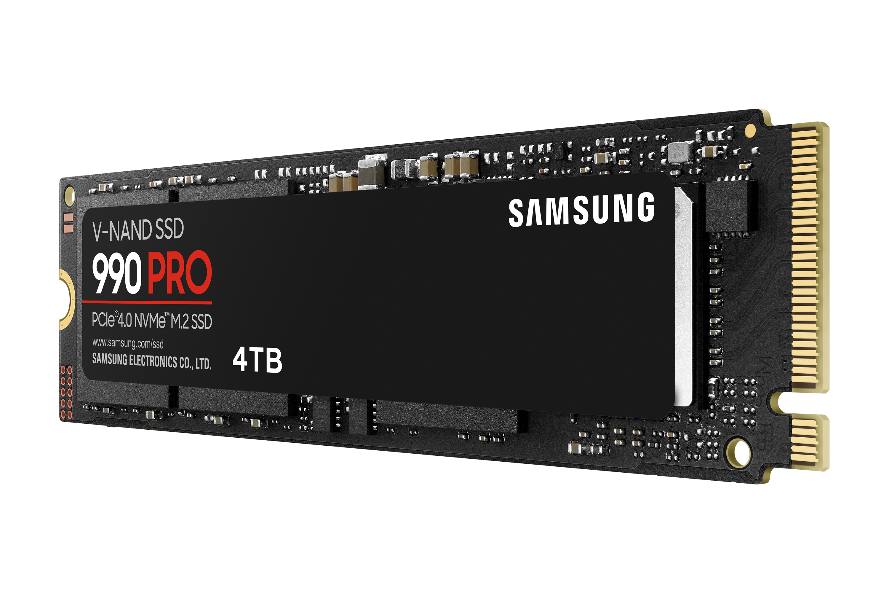 Schwarze SSD mit schwarzem Etikett und weißem Text. Der Markenname ist SAMSUNG.