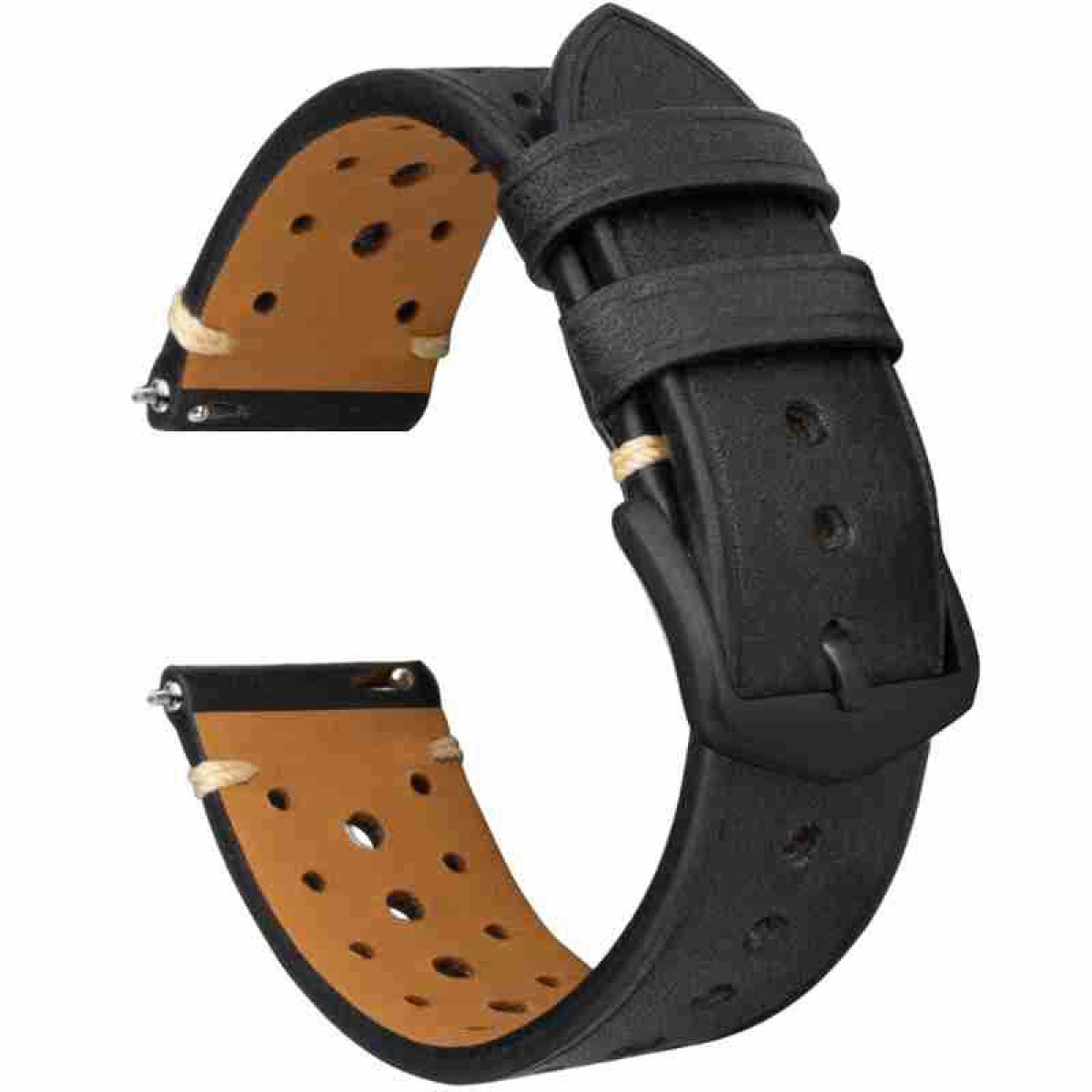 Cinturino nero in pelle con interno marrone e fori. Fibbia visibile. Cuciture chiare visibili.