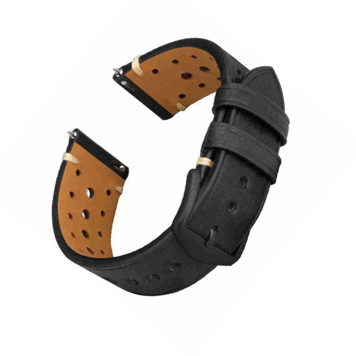 Un cinturino per orologio in pelle nera con dettagli cuciti e hardware in metallo.