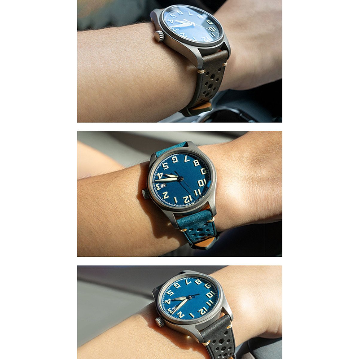 Tre scatti al polso di orologi da uomo con quadranti blu e cinturini in pelle.