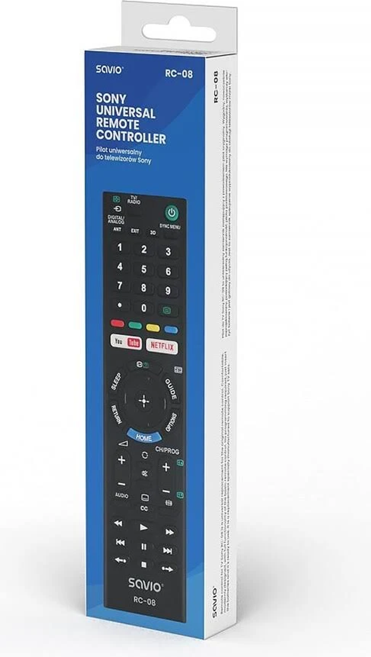 Uniwersalny pilot Sony w pudełku. Czarny pilot z wieloma przyciskami.