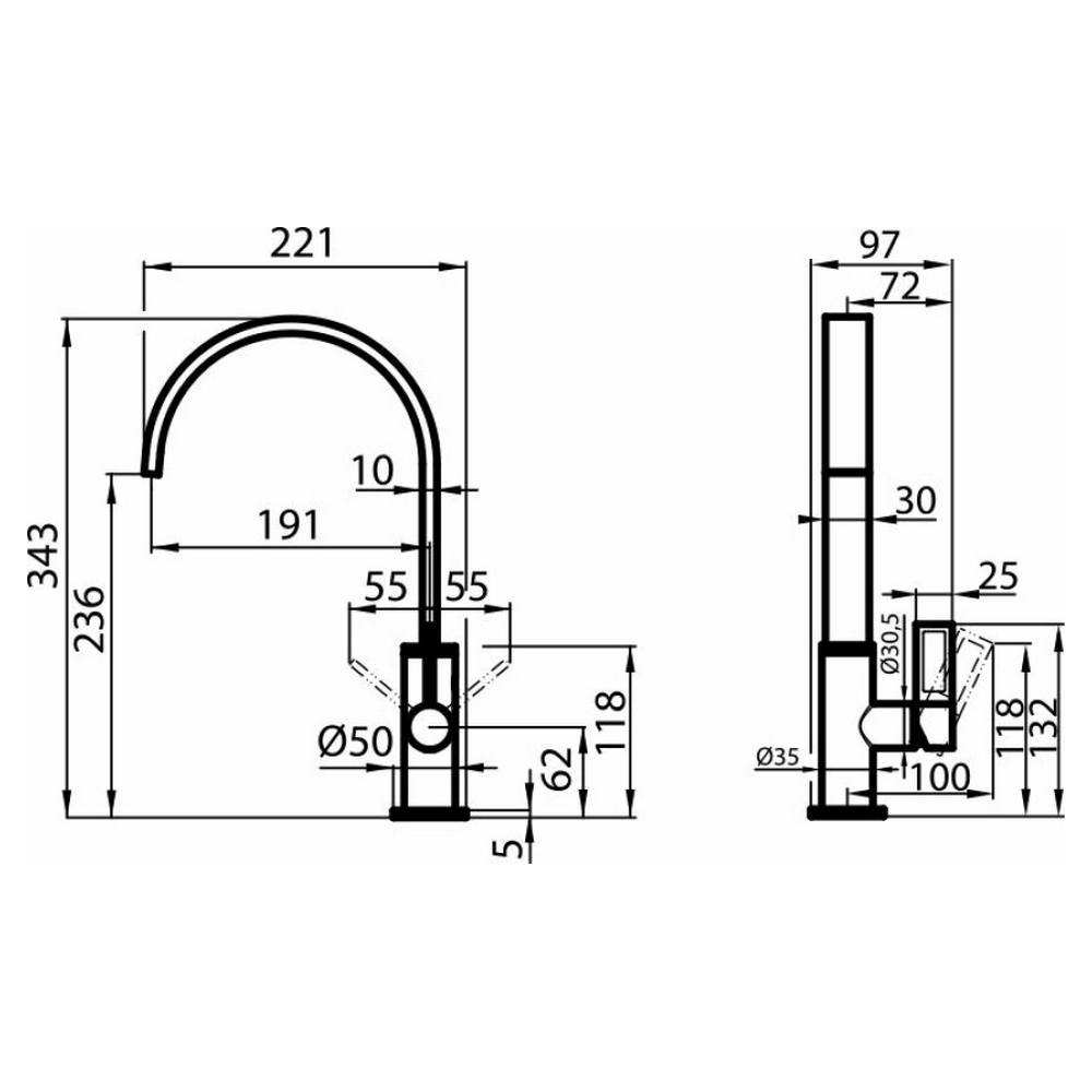 Un disegno tecnico in bianco e nero di un rubinetto da cucina, con dimensioni.