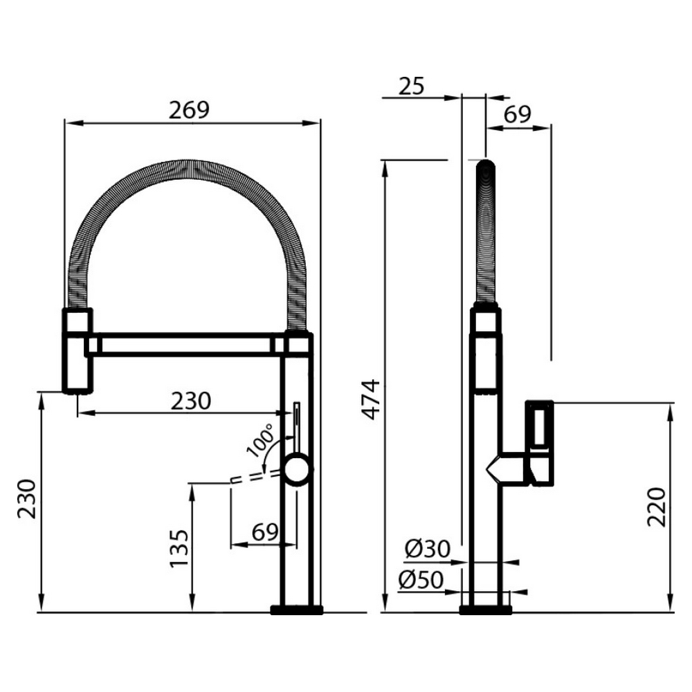 Disegno tecnico di un rubinetto da cucina, che mostra dimensioni e caratteristiche principali.