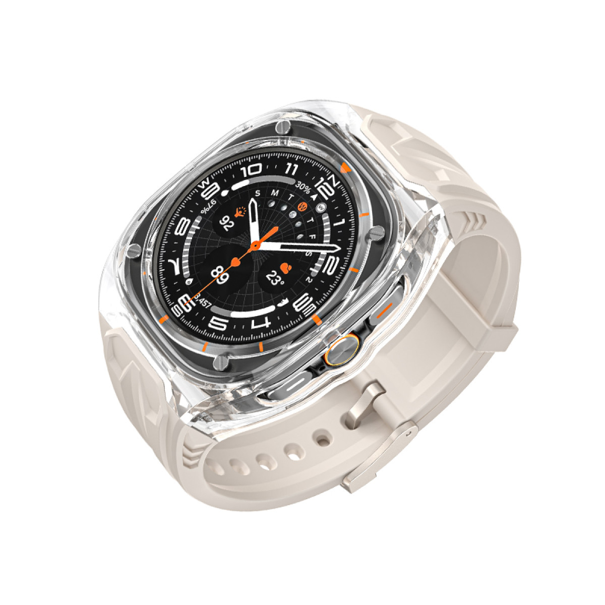 Eine weiße und transparente Smartwatch mit schwarzem Bildschirm. Die Uhr hat ein weißes Armband.