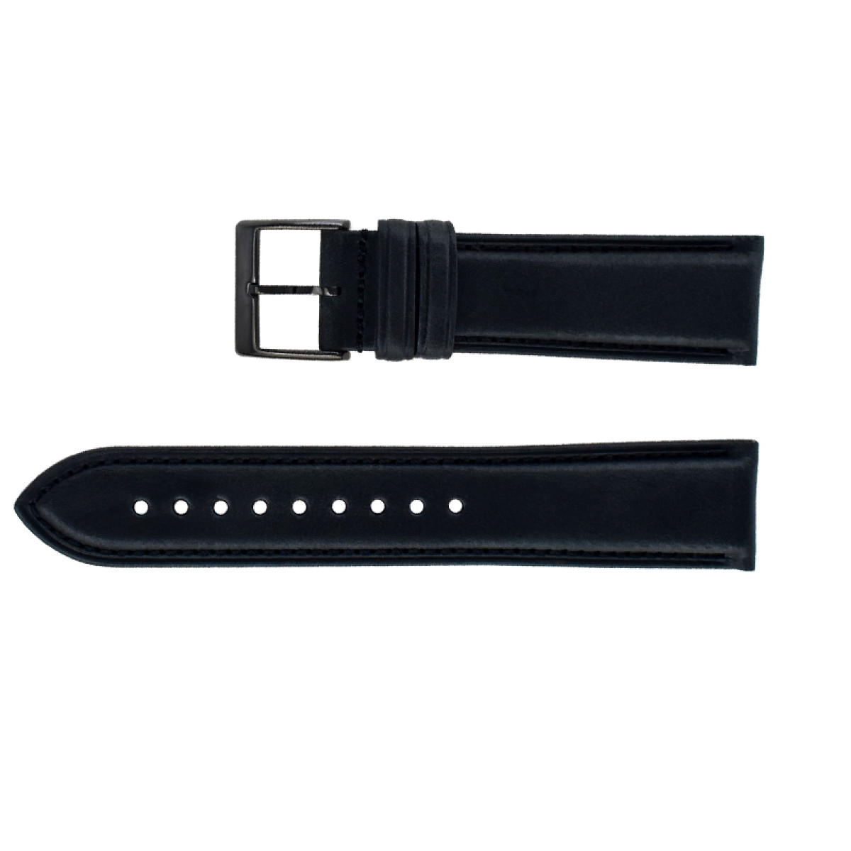 Ein schwarzes Lederarmband mit schwarzer Schnalle. Das Armband hat Nähte und Löcher zur Anpassung.