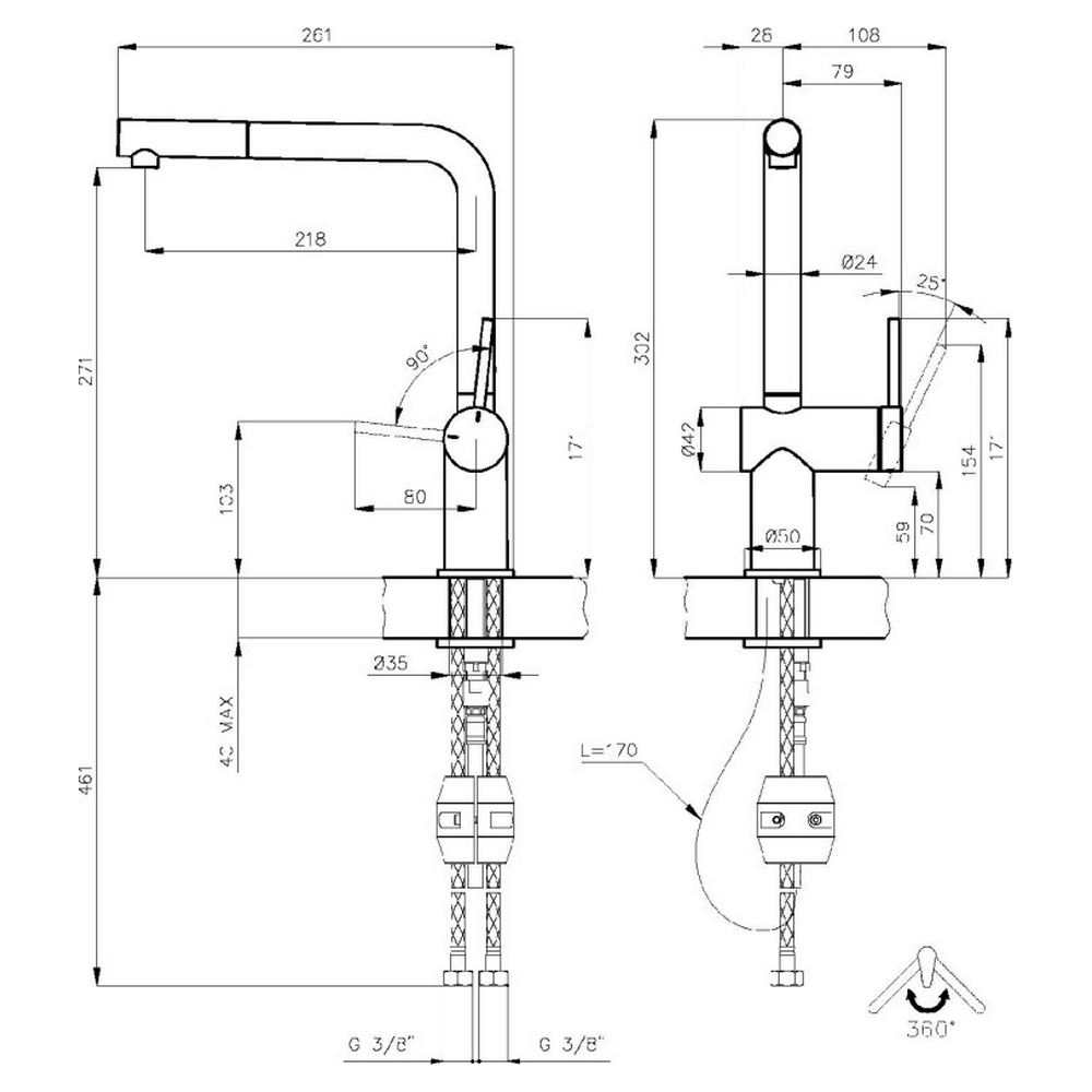 Disegno tecnico di un rubinetto da cucina con dimensioni, viste laterali e dall'alto.