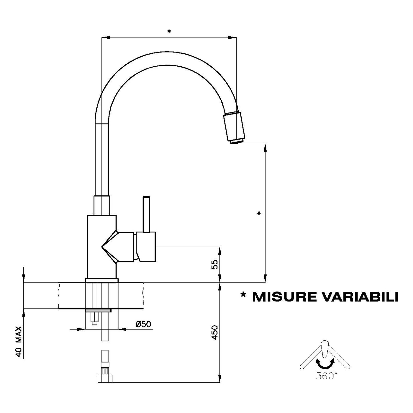 Disegno al tratto di un rubinetto con dimensioni espresse in millimetri e un simbolo a 360 gradi.