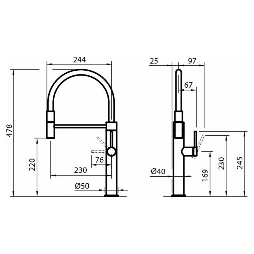 Un disegno tecnico in bianco e nero di un rubinetto da cucina, con dimensioni.