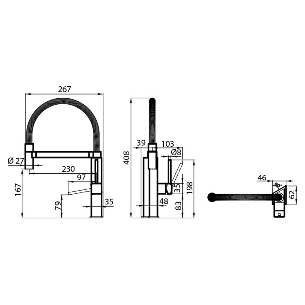 Disegno tecnico di un rubinetto da cucina, che mostra dimensioni e caratteristiche principali.
