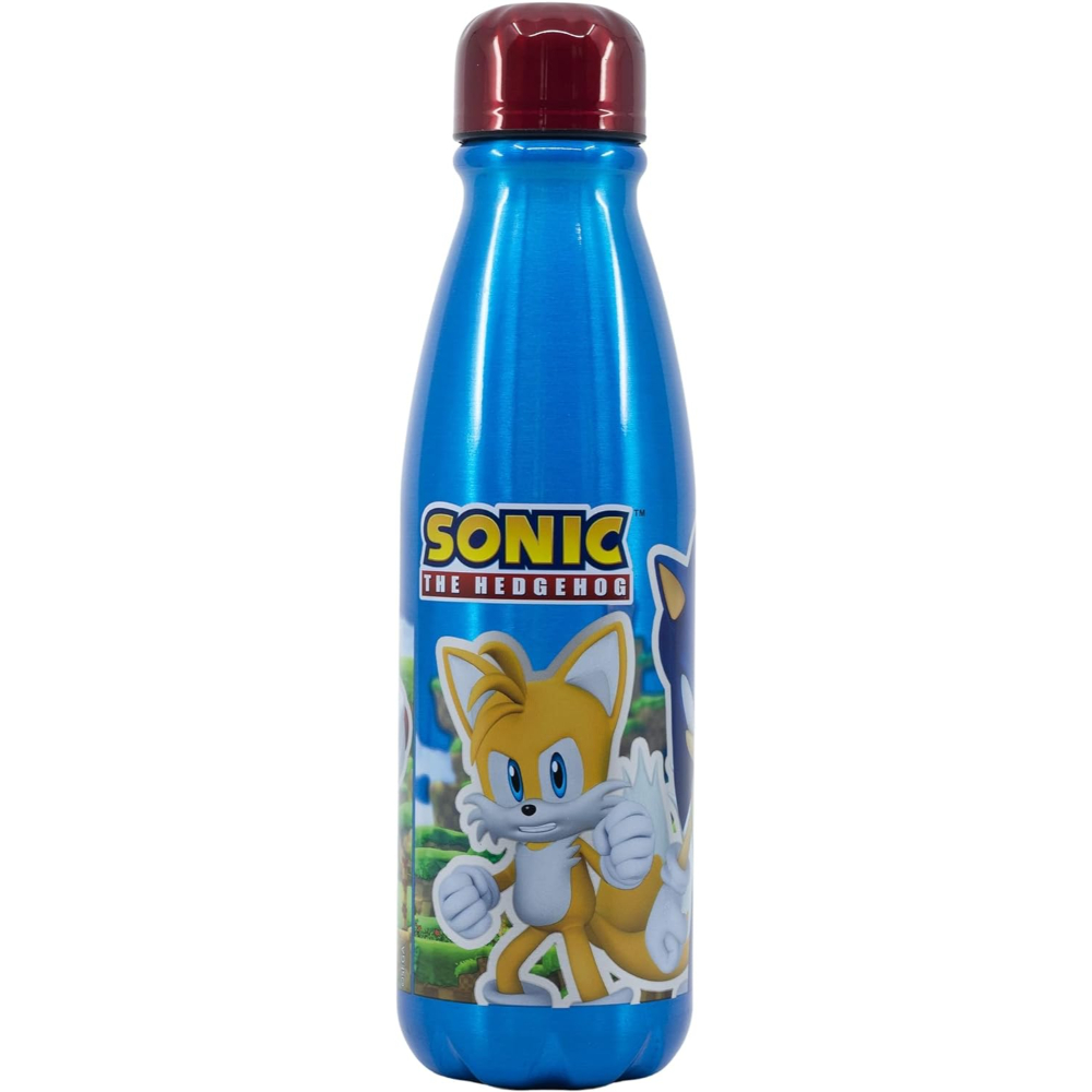 Botella de agua azul de Sonic the Hedgehog con personajes de dibujos animados y una tapa roja.