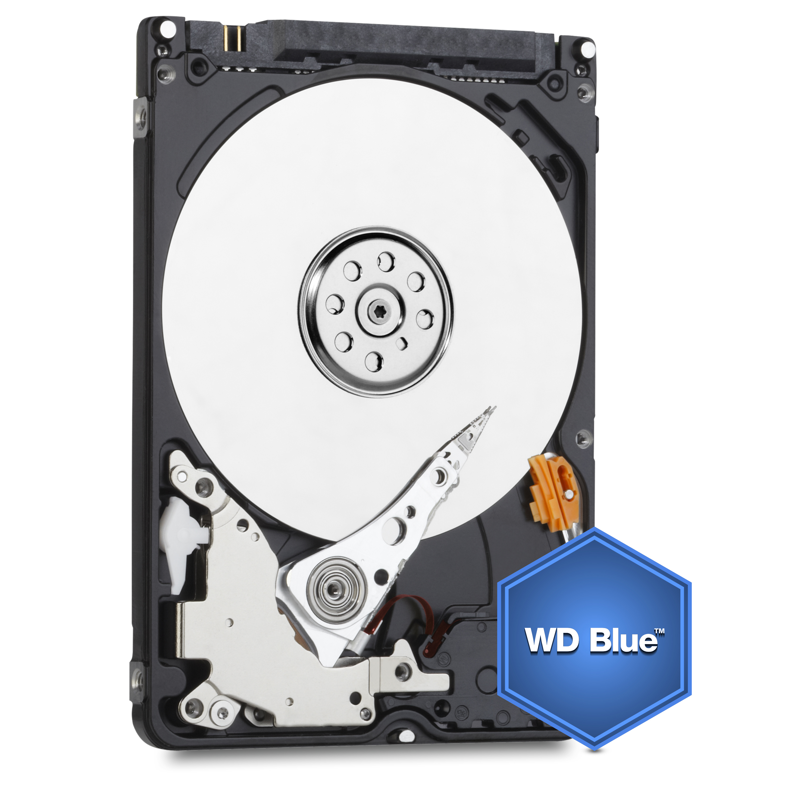 Disco rigido WD Blue aperto, che mostra il disco, il braccio e altri componenti.