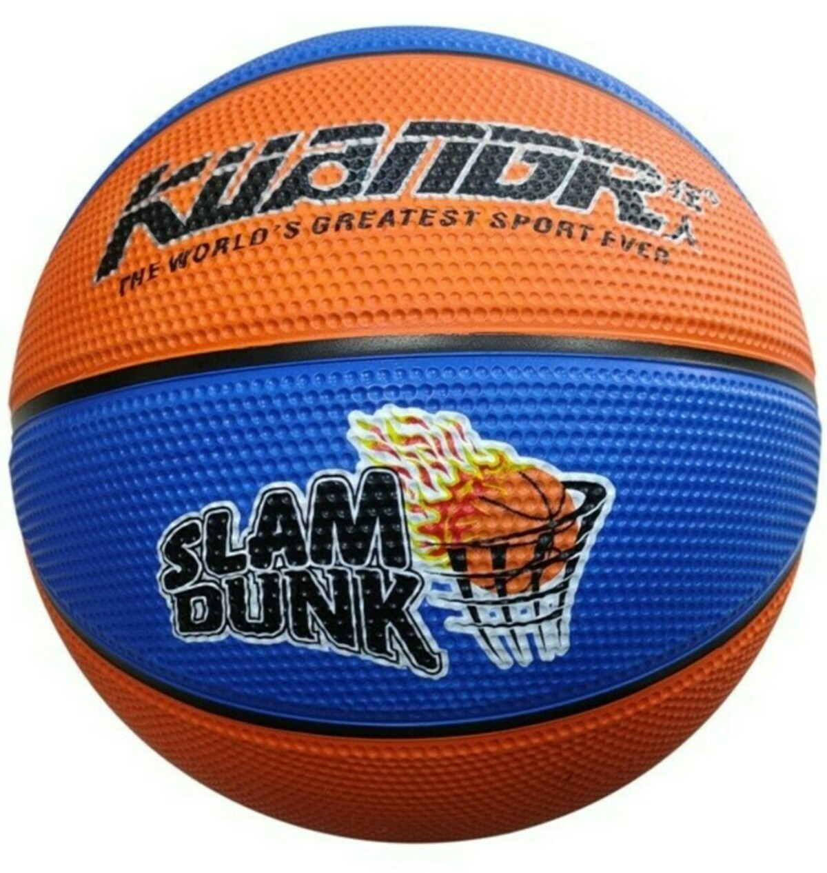 Een blauwe en oranje basketbal met de woorden 'Slam Dunk' en 'Kuanbor'.