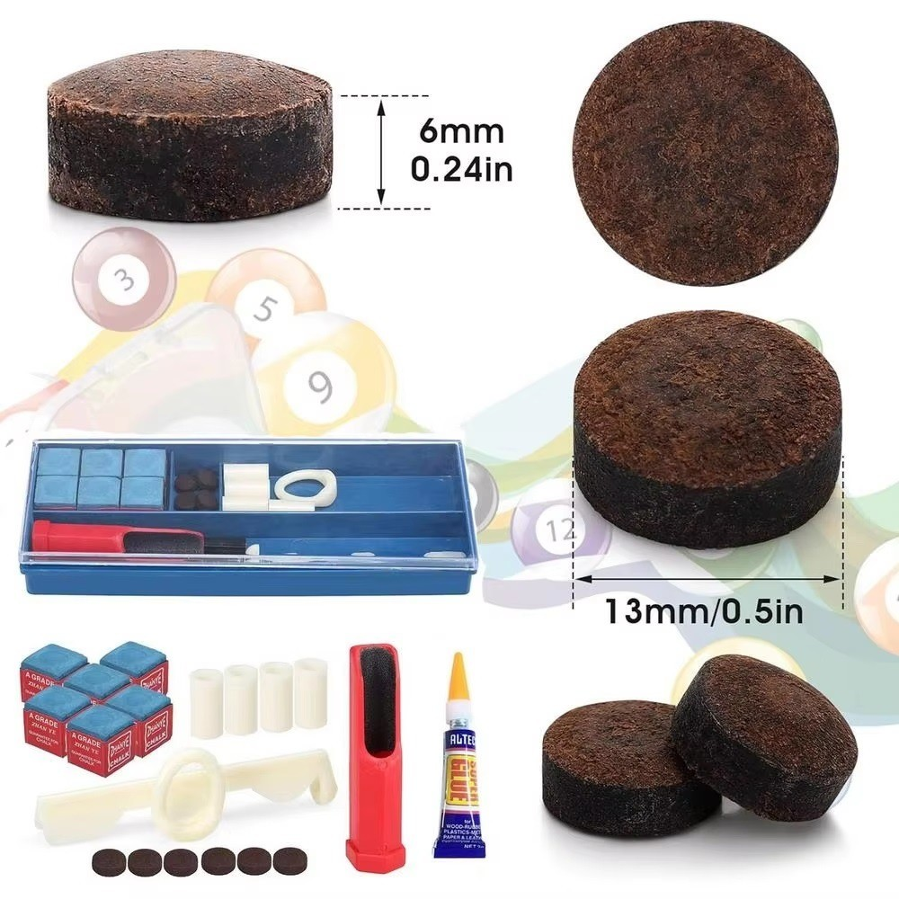 Poolkeu-tips en accessoires in een container, met afmetingen en maten.