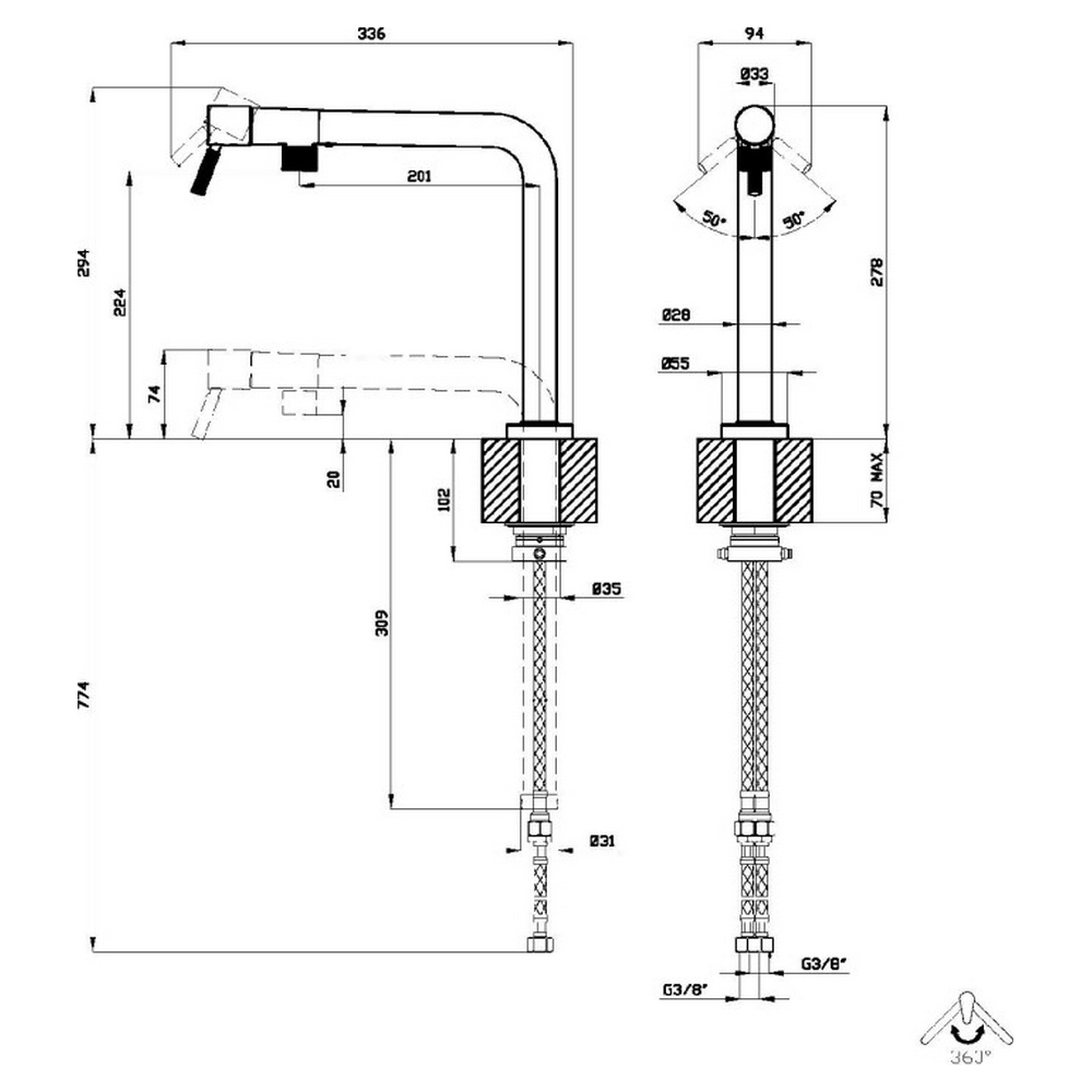 Disegno tecnico di un rubinetto da cucina con dimensioni, viste laterali e dall'alto.