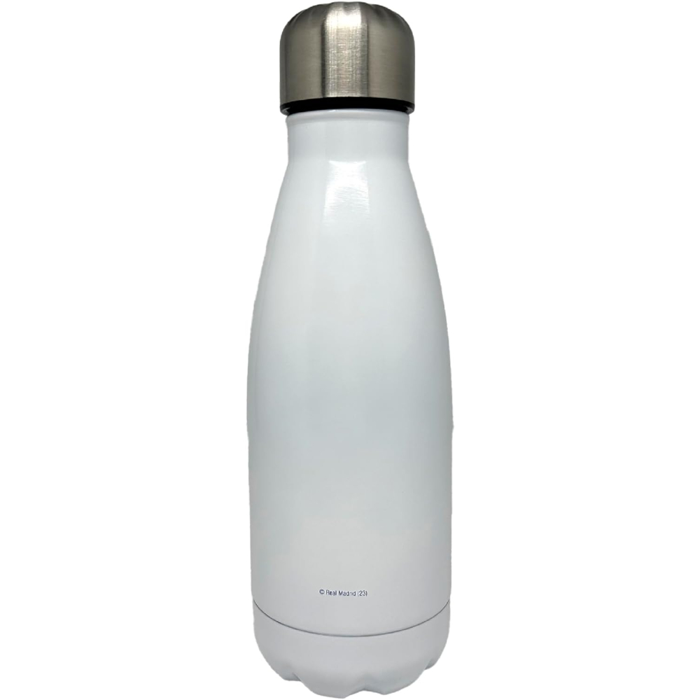 Botella de agua blanca del Real Madrid. Tapa plateada, cuerpo blanco y texto Real Madrid.