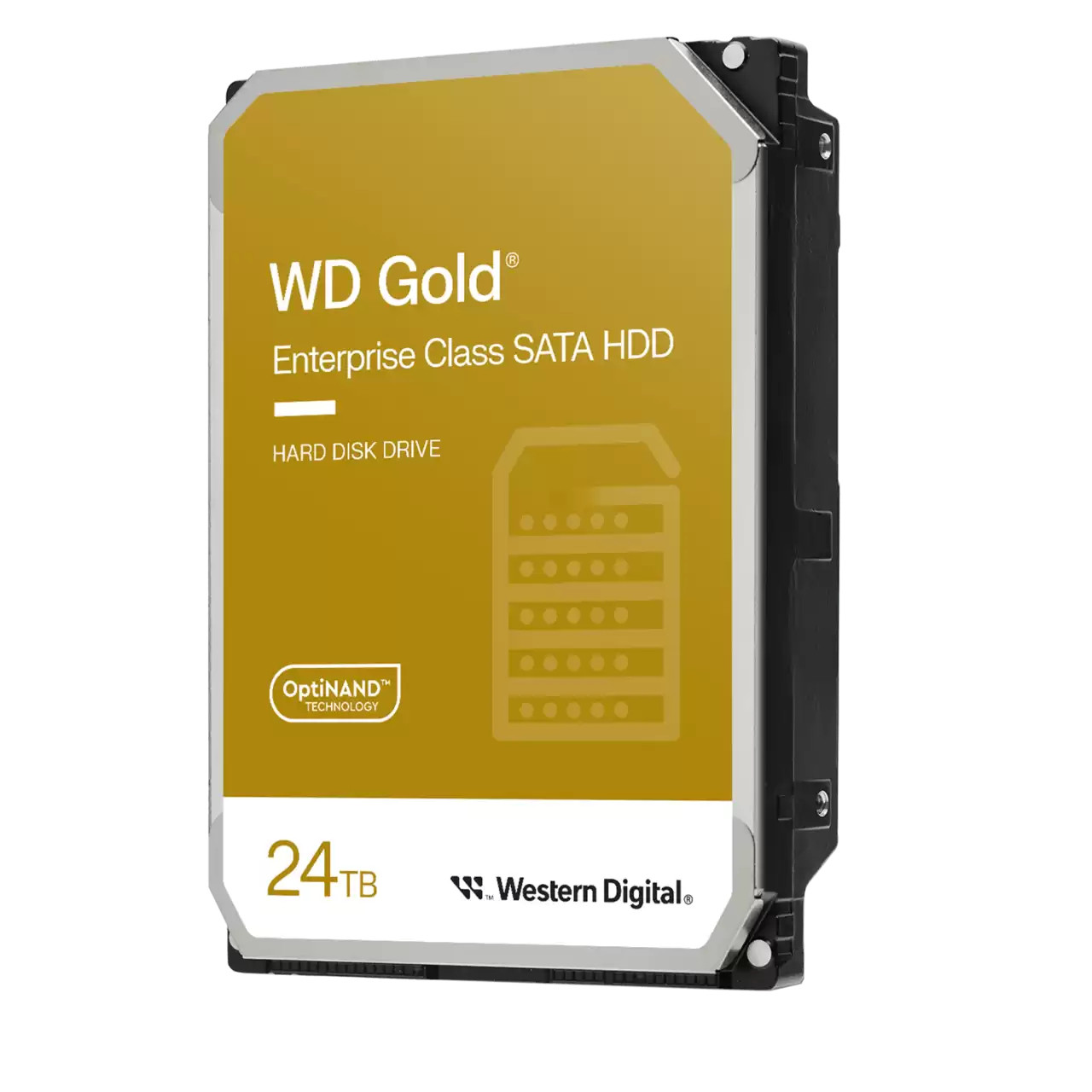 Złoty dysk twardy SATA HDD WD Gold Enterprise Class na białym tle.