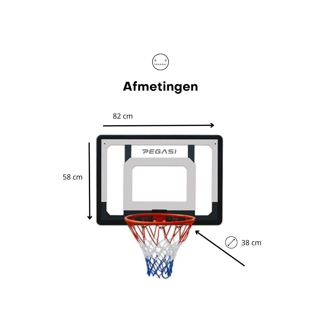 Basketball hoop with dimensions. Text: 'Afmetingen'.