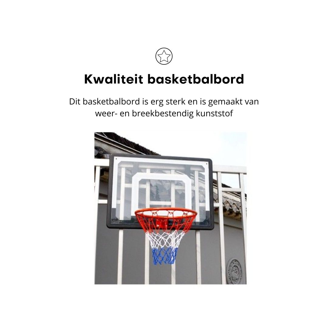 Basketball hoop on a wall. White background. Text above reads 'Quality basketball board'.