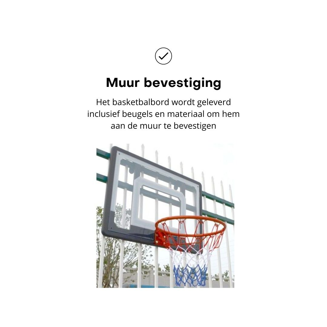 Basketball hoop mounted on a wall. The hoop has a net and is made of transparent plastic.