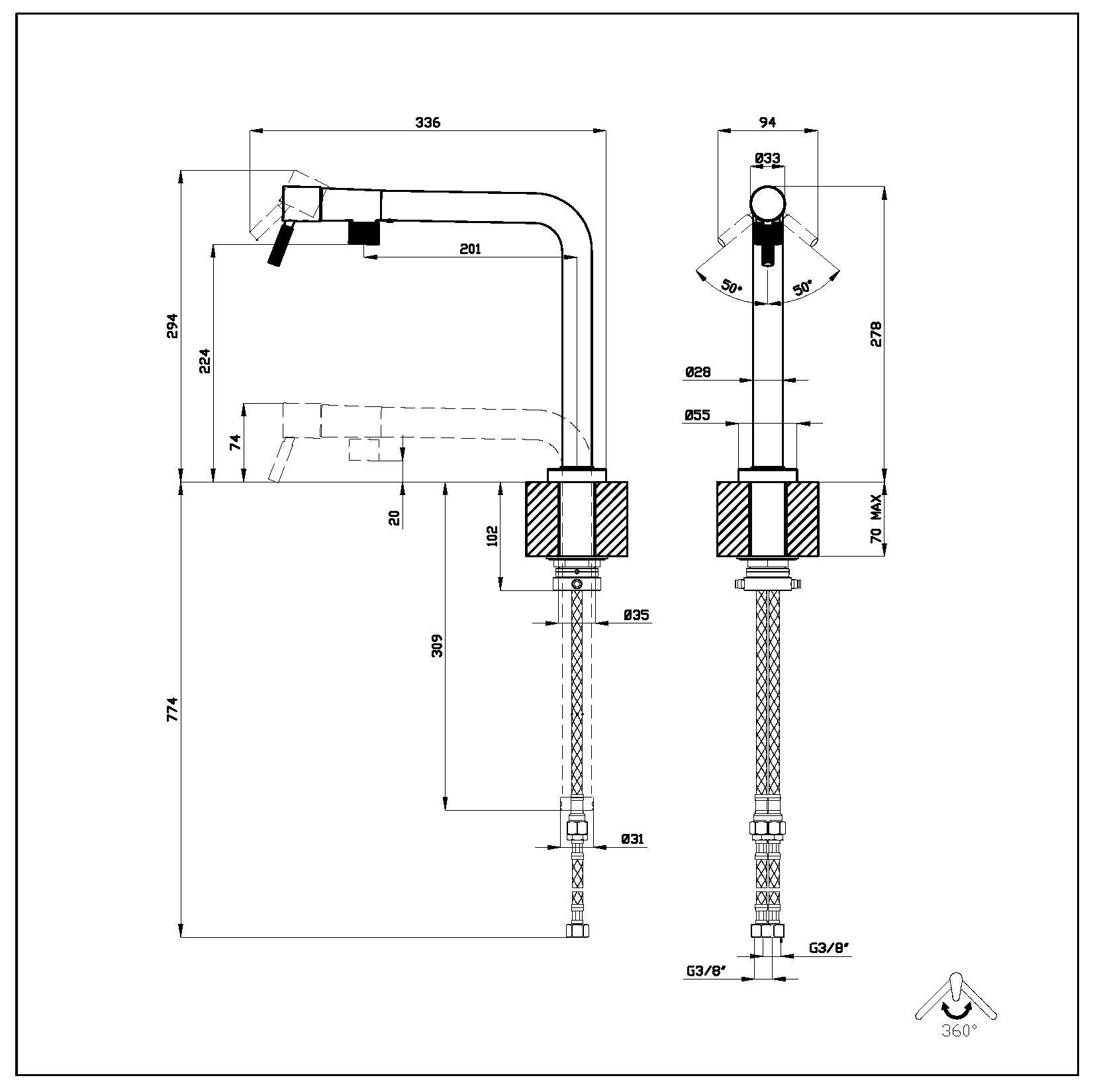 Disegno tecnico di un rubinetto da cucina, con dimensioni e dettagli.