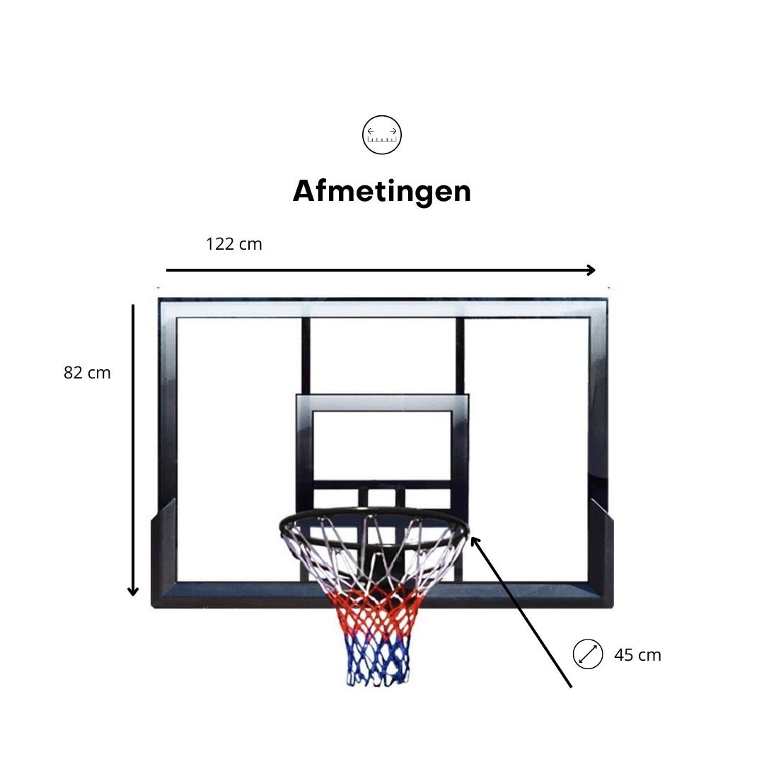Black basketball hoop with dimensions labeled: 122cm wide, 82cm high, and 45cm rim diameter.