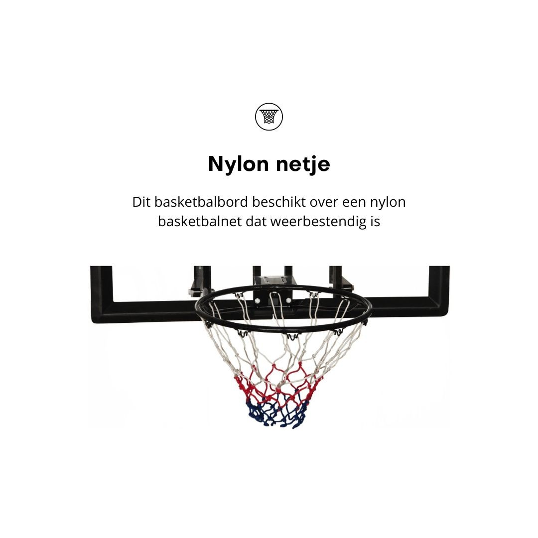 Basketball hoop with net, black frame, and white background.