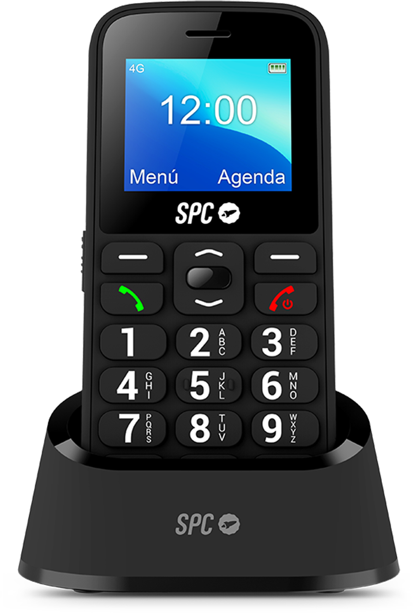 Schwarzes Mobiltelefon in einer Ladestation. Der Bildschirm zeigt Uhrzeit und Menüoptionen.