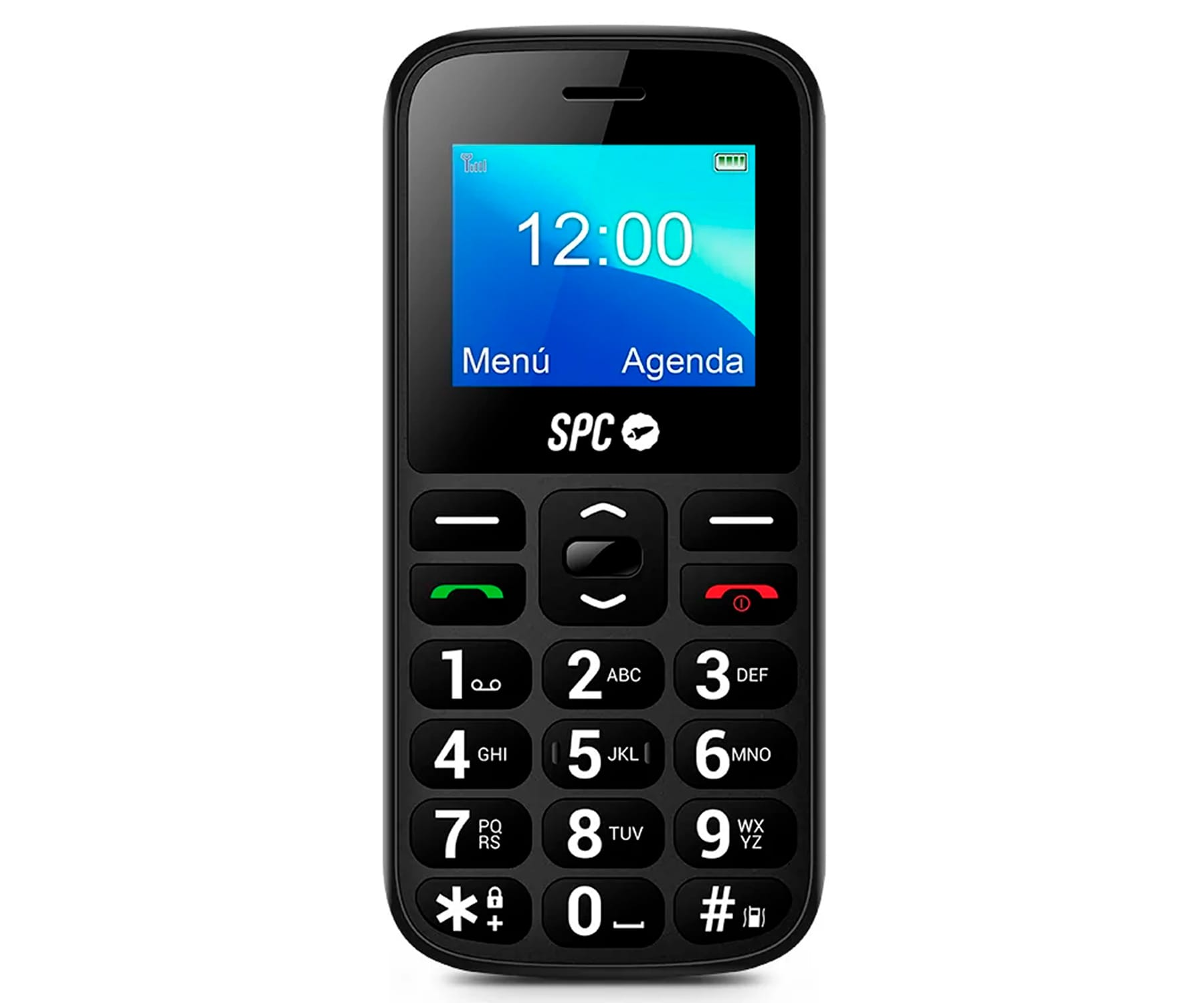 Schwarzes Mobiltelefon mit großen Tasten und Display, das Zeit und Menüoptionen anzeigt.